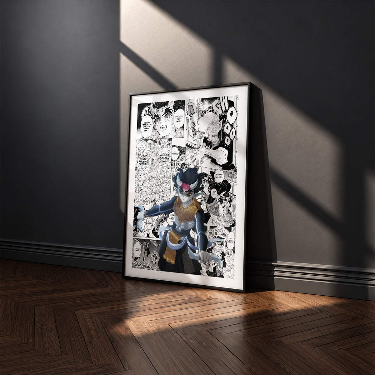 Zohakuten manga poster inspired by Demon Slayer in a black frame against a charcoal gray wall