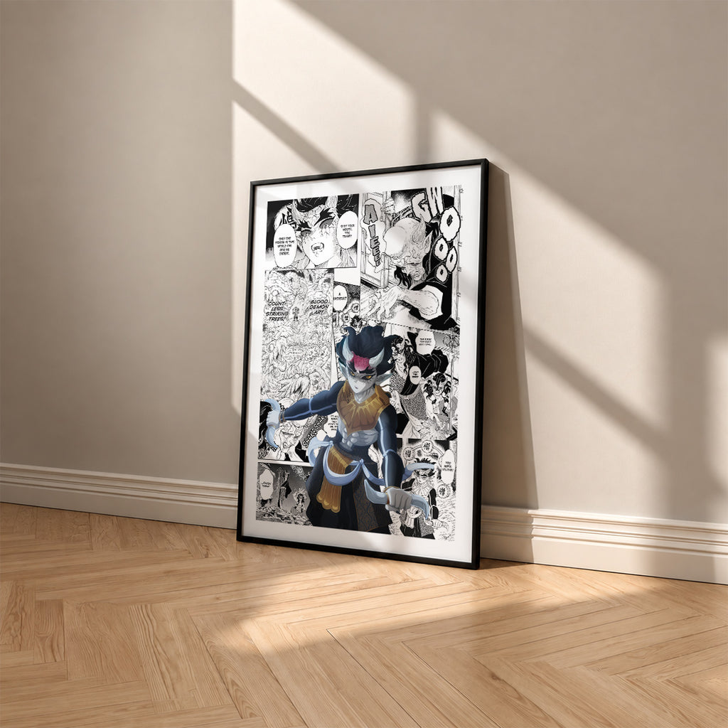 Zohakuten manga poster inspired by Demon Slayer in a black frame against a warm beige wall