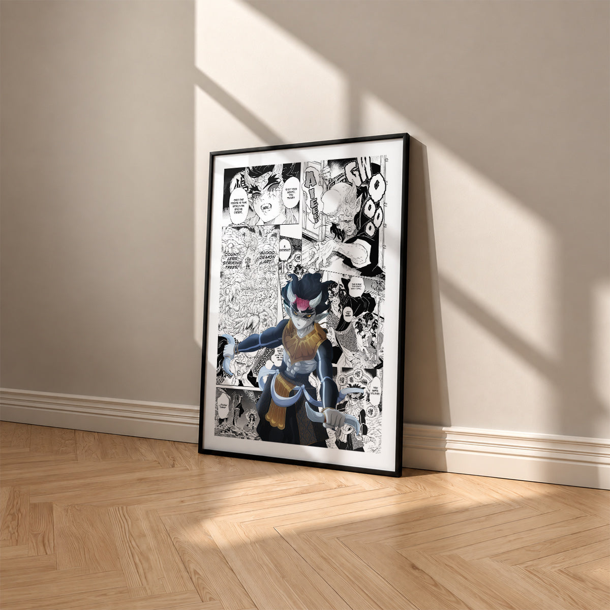 Zohakuten manga poster inspired by Demon Slayer in a black frame against a warm beige wall