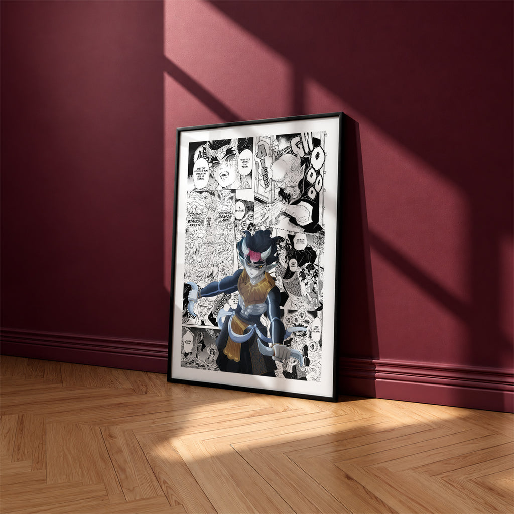 Zohakuten manga poster inspired by Demon Slayer in a black frame against a burgundy wall