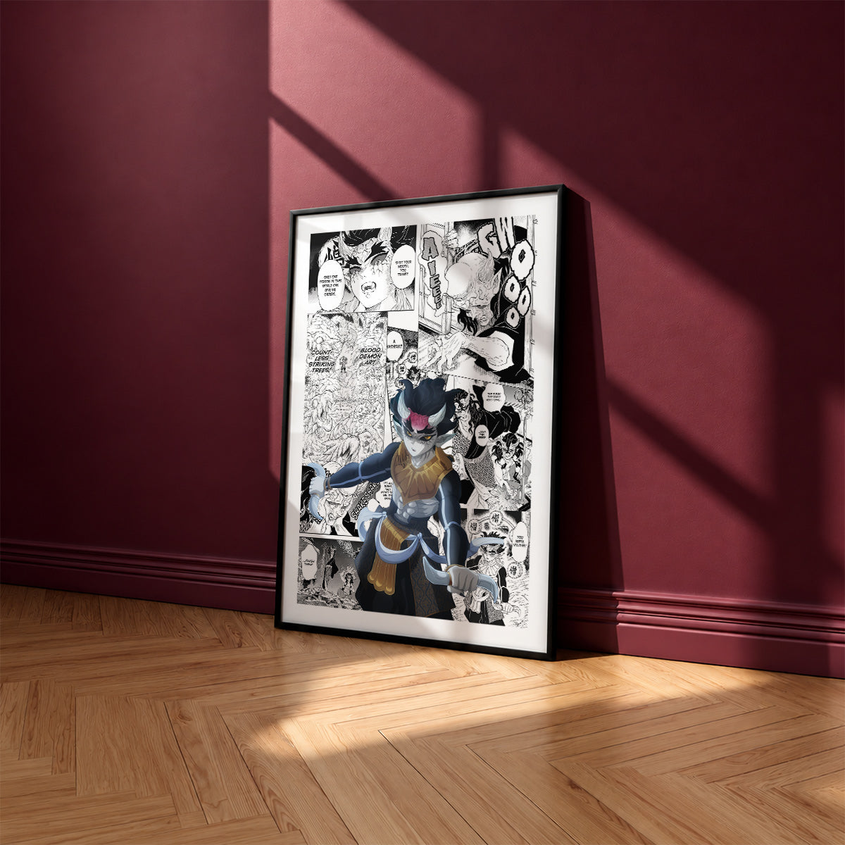 Zohakuten manga poster inspired by Demon Slayer in a black frame against a burgundy wall