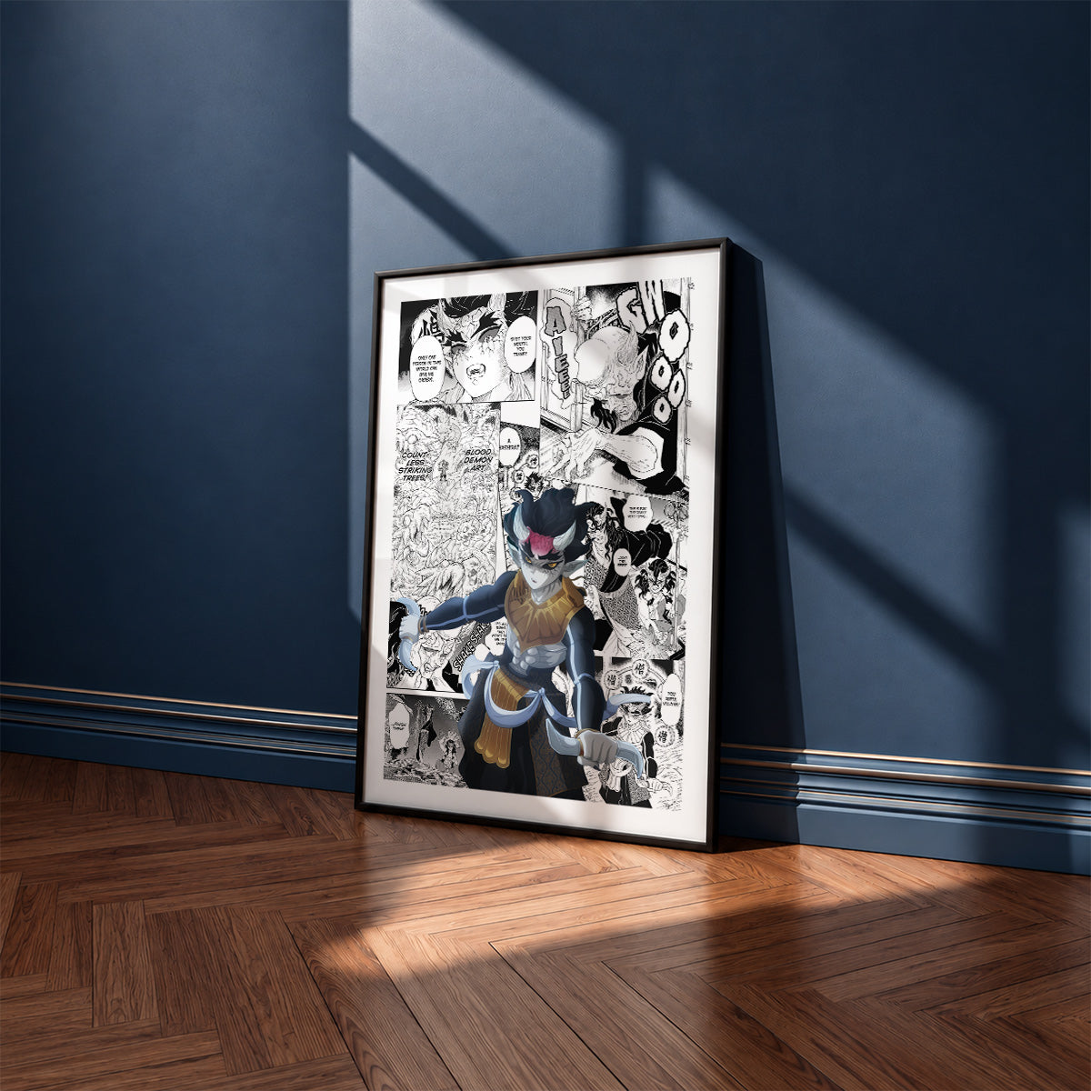 Zohakuten manga poster inspired by Demon Slayer in a black frame against a navy blue wall