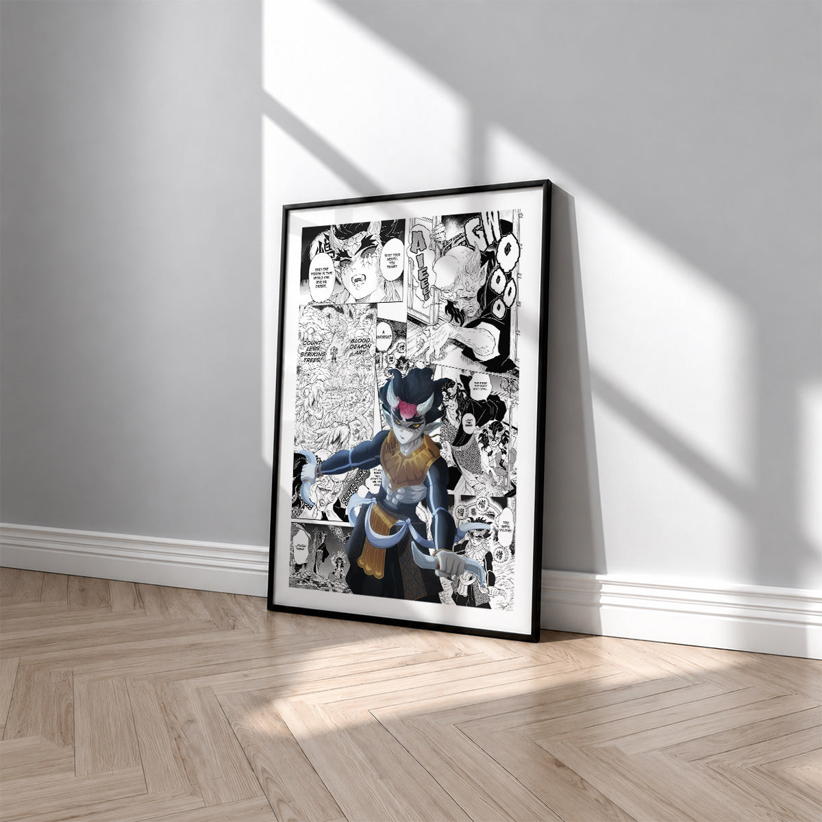 Zohakuten manga poster inspired by Demon Slayer in a black frame against a light gray wall